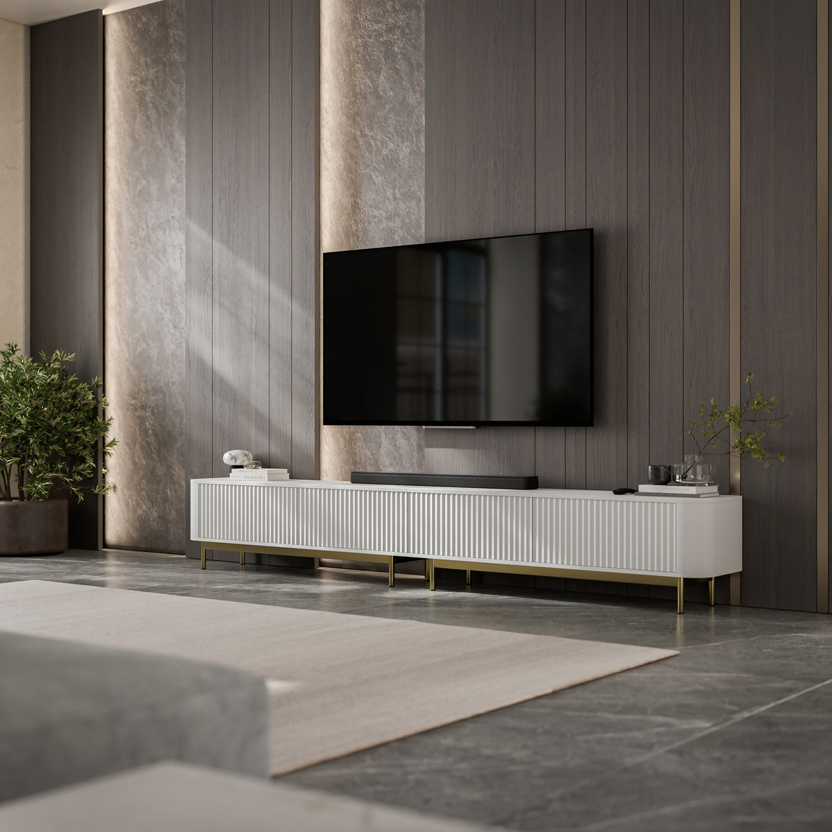 Aurora Rouded Corners Flutted TV Unit 280cm Glamour Style with Frame Legs - White / Gold Frame