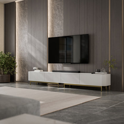 Aurora Rouded Corners Flutted TV Unit 280cm Glamour Style with Frame Legs - White / Gold Frame