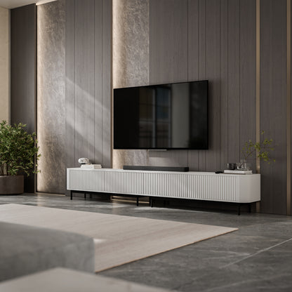 Aurora Rouded Corners Flutted TV Unit 280cm Glamour Style with Frame Legs - White / Black Frame
