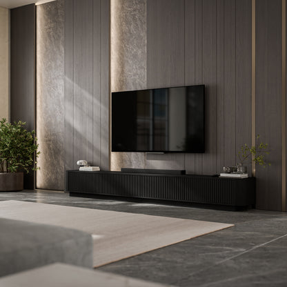 Aurora Rouded Corners Flutted TV Unit 280cm Glamour Style with Plinth Stand - Black