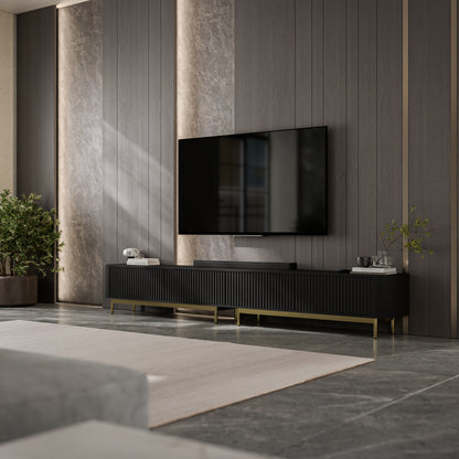 Aurora Rouded Corners Flutted TV Unit 280cm Glamour Style with Frame Legs - Black / Gold Frame