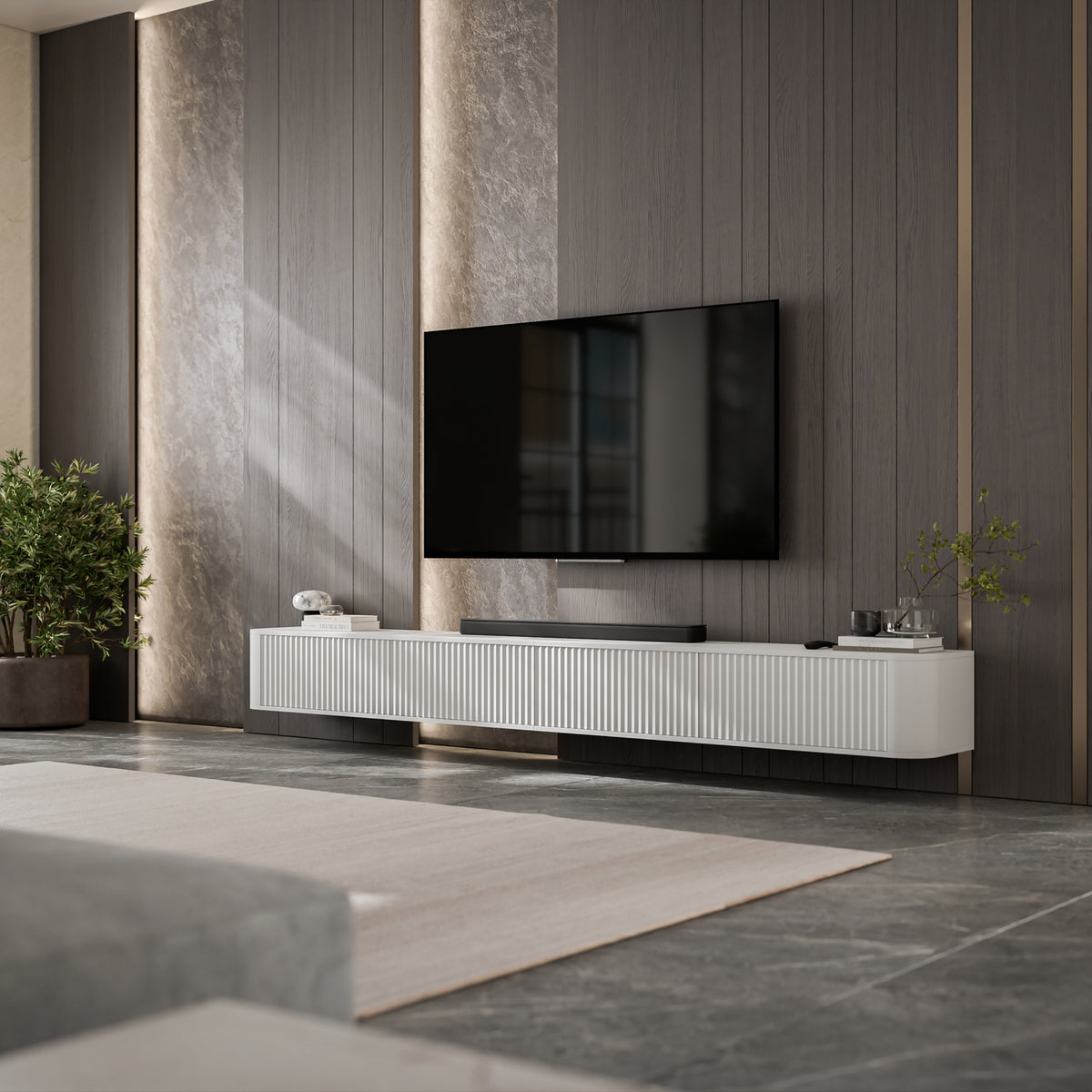 Aurora Rouded Corners Wall Mounted Flutted TV Unit 280cm Glamour Style - White