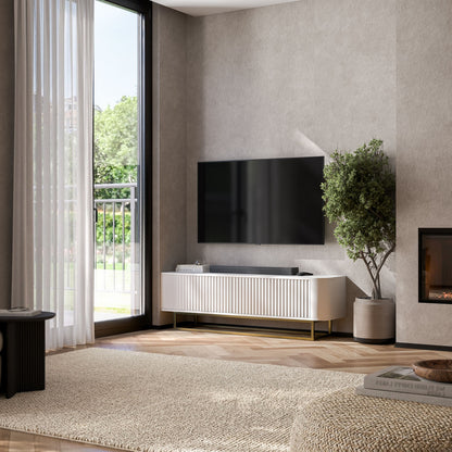 Aurora Rounded Corner Fluted TV Unit 140cm Glamour Style with Frame Stand - White / Gold