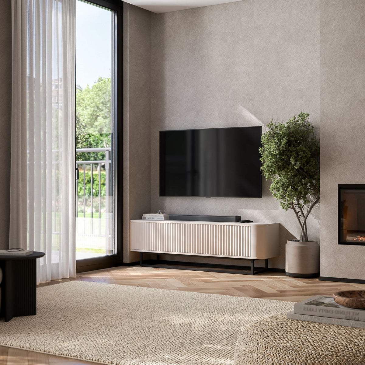 Aurora Rounded Corner Fluted TV Unit 140cm Glamour Style with Frame Stand - Cashmere / Black