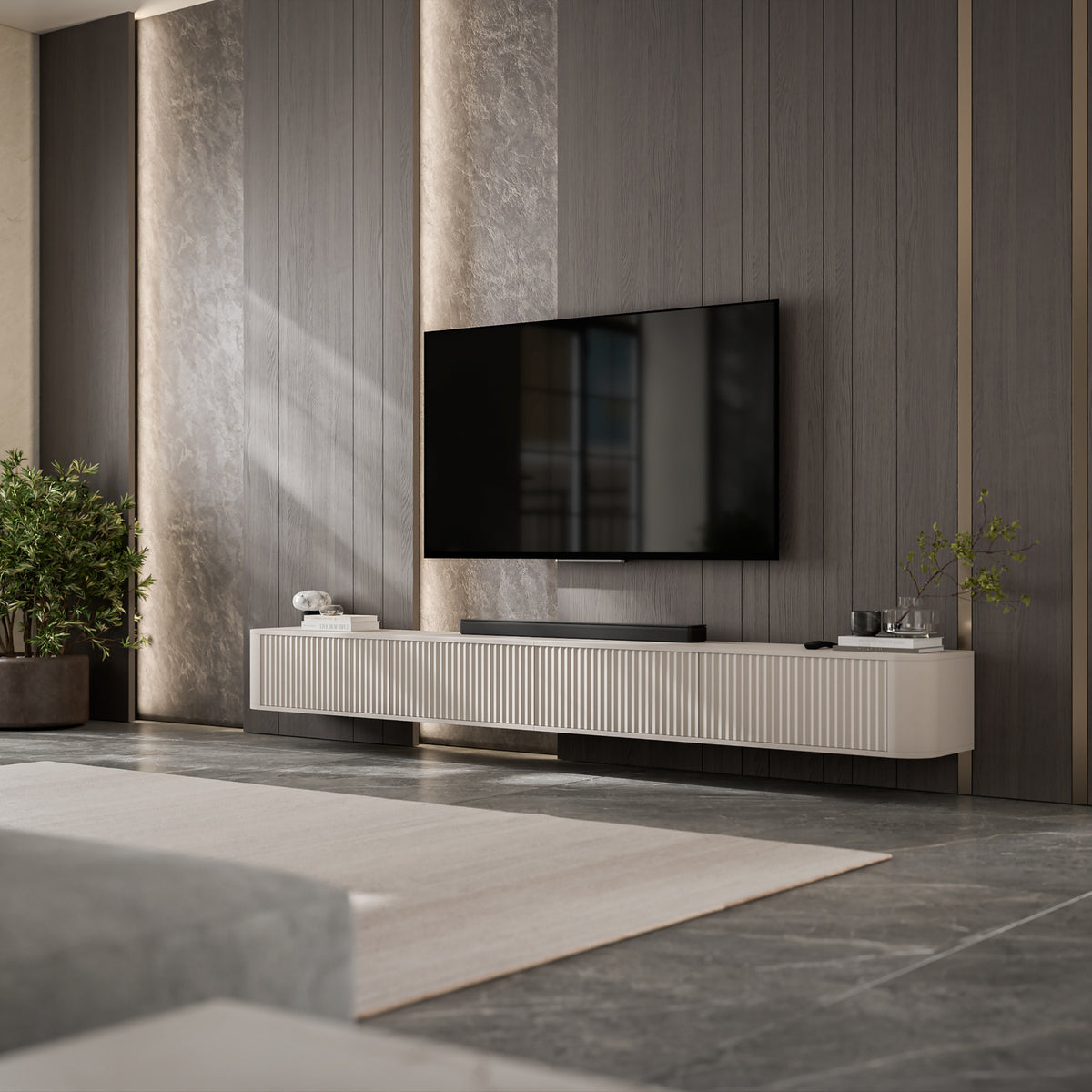 Aurora Rouded Corners Wall Mounted Flutted TV Unit 280cm Glamour Style - Cashmere