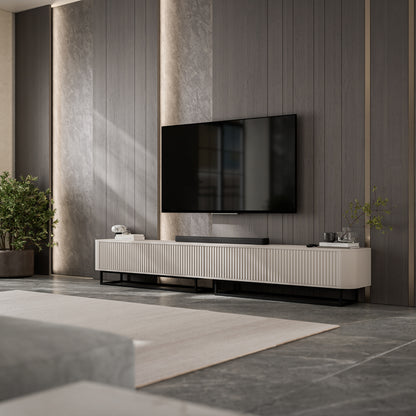 Aurora Rouded Corners Flutted TV Unit 280cm Glamour Style with Frame Stand - Cashmere / Black Frame