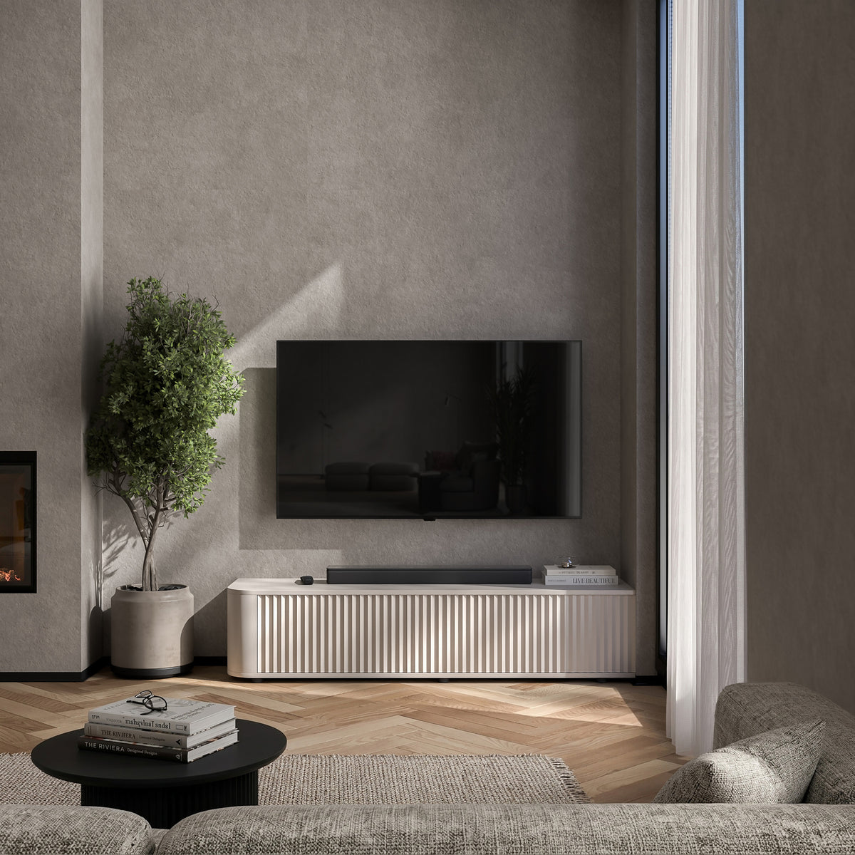 Aurora Rounded Corner Fluted TV Unit 140cm Glamour Style with Floor Pads - Cashmere