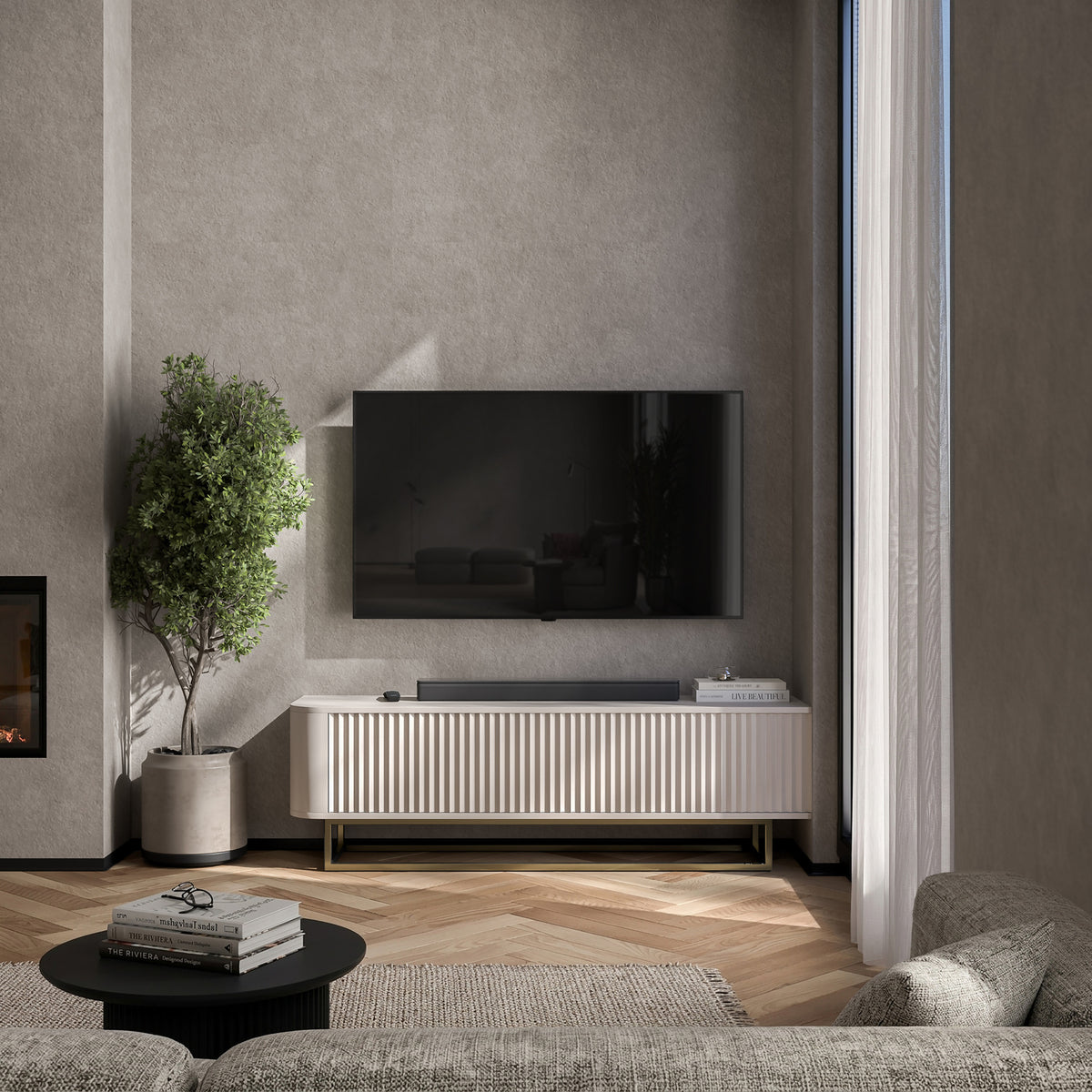Aurora Rounded Corner Fluted TV Unit 140cm Glamour Style with Frame Stand - Cashmere / Gold
