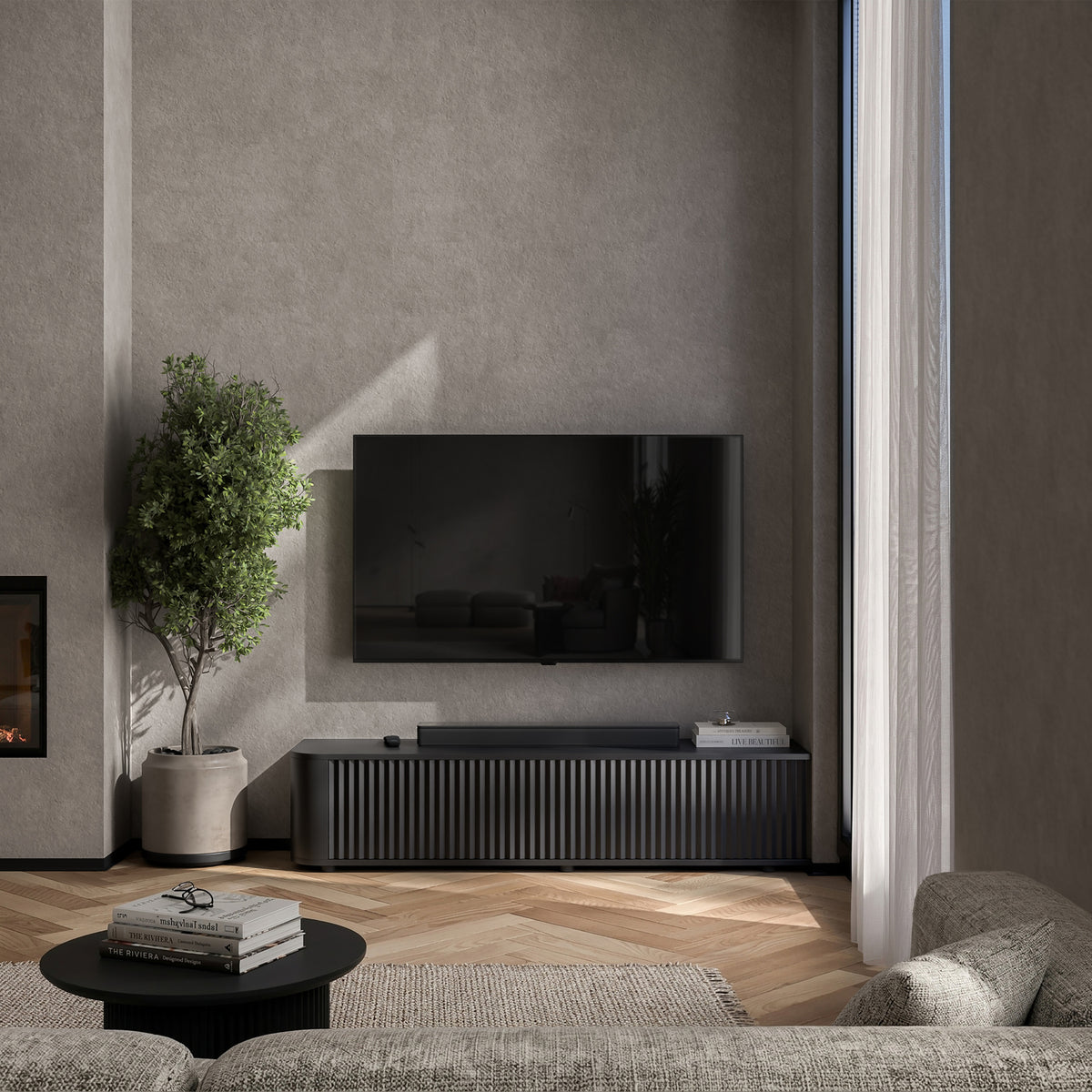 Aurora Rounded Corner Flutted TV Unit 140cm Glamour Style with Floor Pads - Black