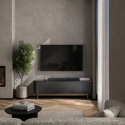 Aurora Rounded Corner Flutted TV Unit 140cm Glamour Style with Frame Legs - Black / Gold