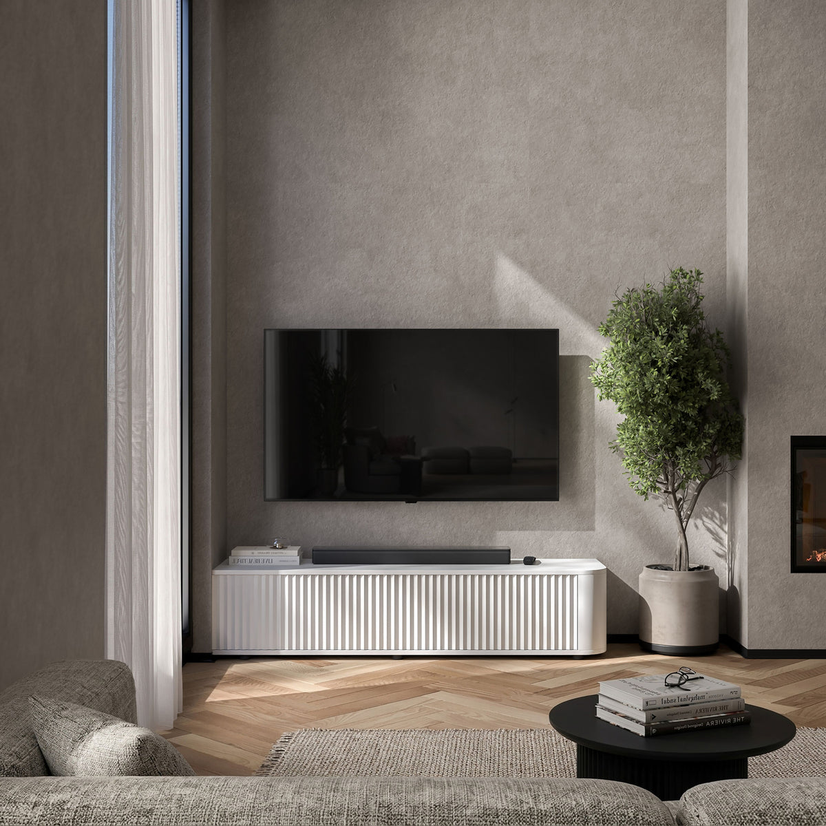 Aurora Rounded Corner Fluted TV Unit 140cm Glamour Style with Floor Pads - White