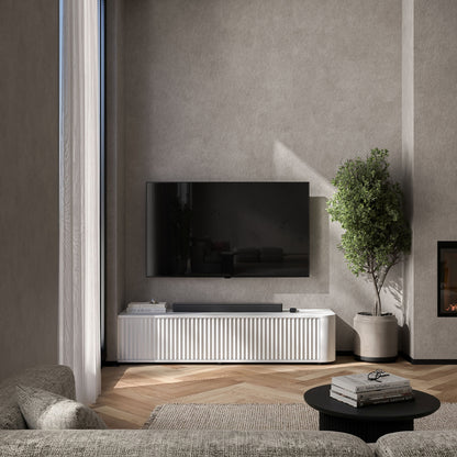 Aurora Rounded Corner Fluted TV Unit 140cm Glamour Style with Floor Pads - White
