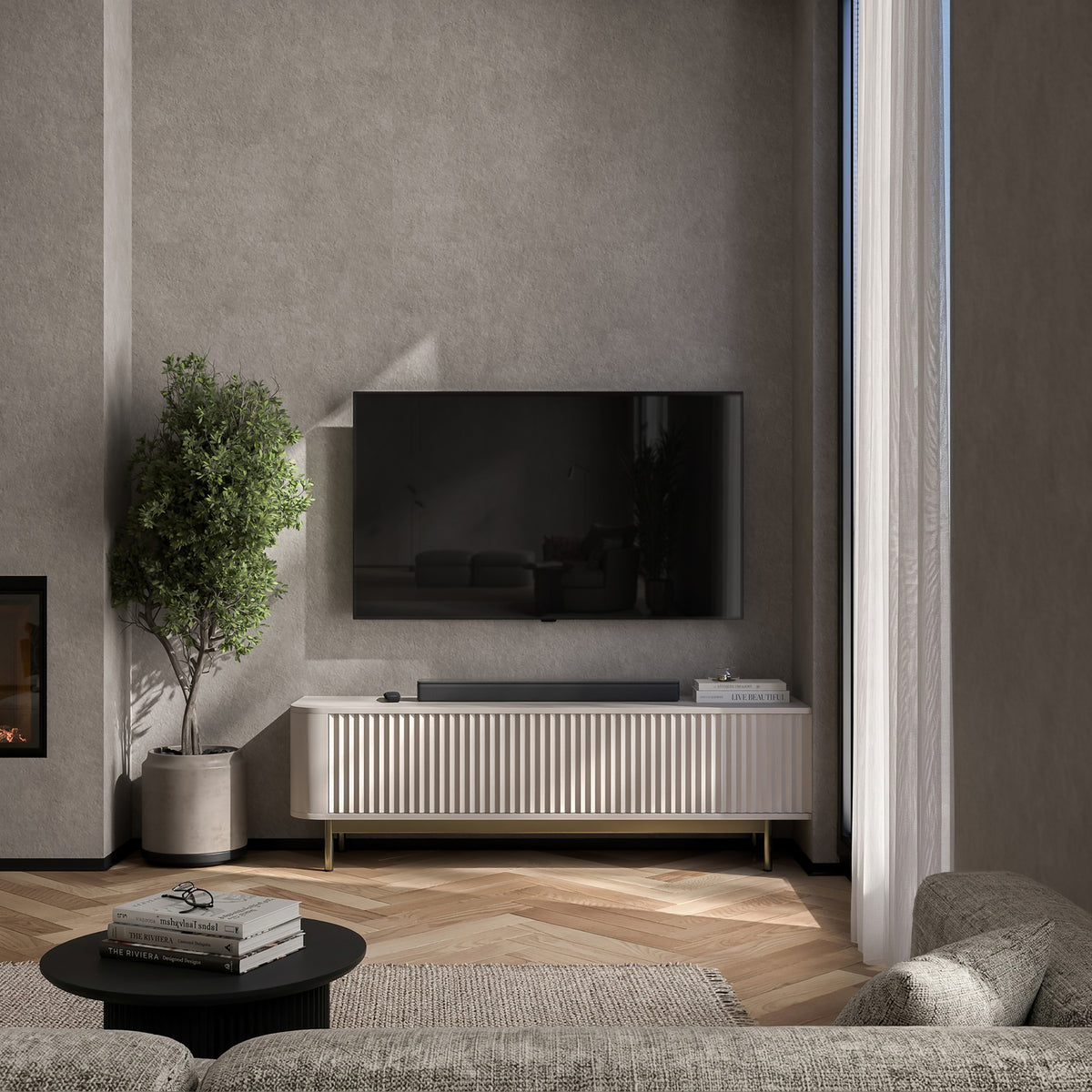 Aurora Rounded Corner Fluted TV Unit 140cm Glamour Style with Frame Legs - Cashmere / Gold