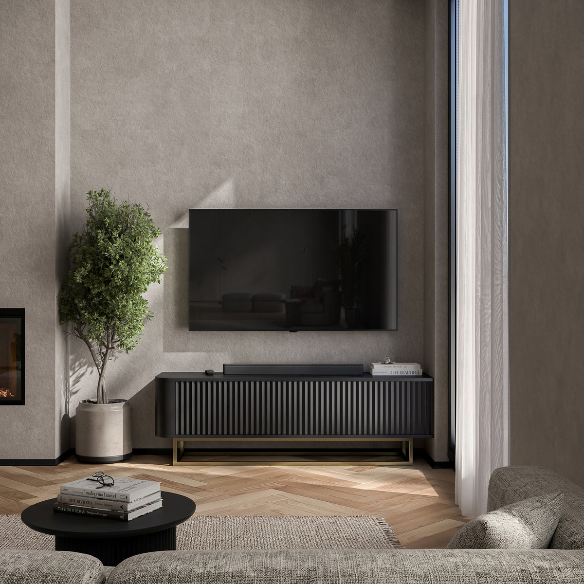 Aurora Rounded Corner Fluted TV Unit 140cm Glamour Style with Frame Stand - Black / Gold