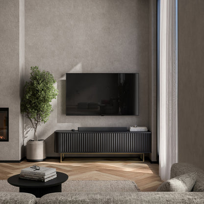Aurora Rounded Corner Fluted TV Unit 140cm Glamour Style with Frame Stand - Black / Gold