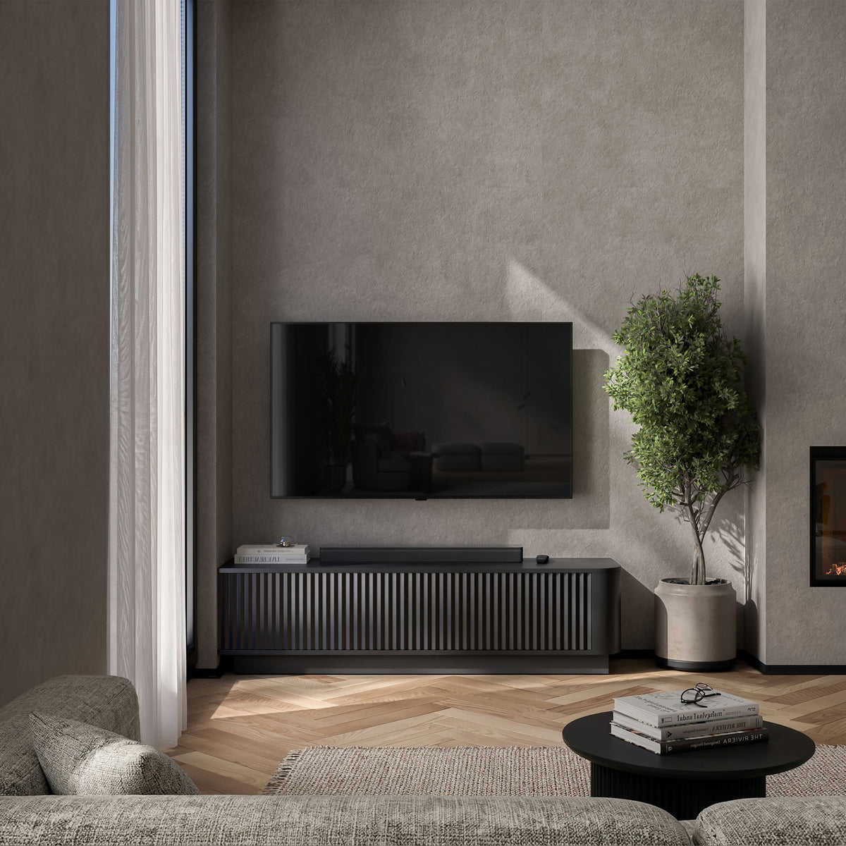 Aurora Rounded Corner Flutted TV Unit 140cm Glamour Style with Plinth Stand - Black