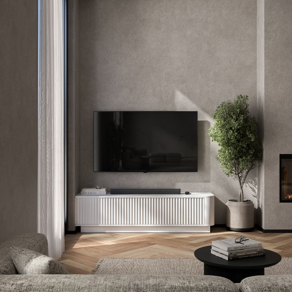 Aurora Rounded Corner Flutted TV Unit 140cm Glamour Style with Plinth Stand - White