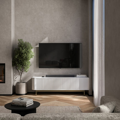 Aurora Rounded Corner Flutted TV Unit 140cm Glamour Style with Frame Legs - White / Gold