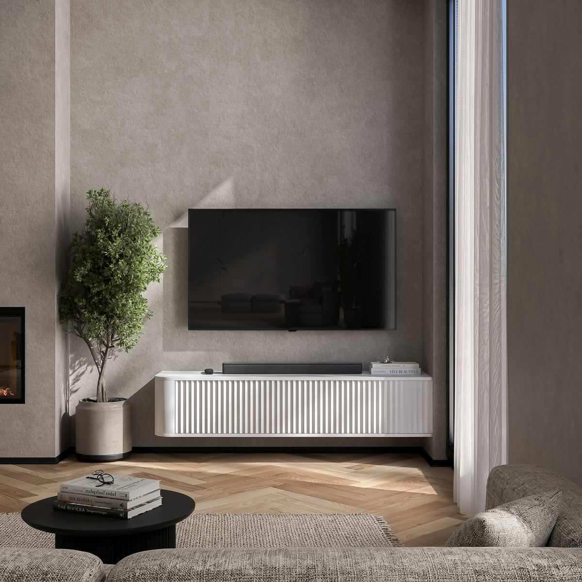 Aurora Rounded Corner Wall Mounted Flutted TV Unit 140cm Glamour Style - White
