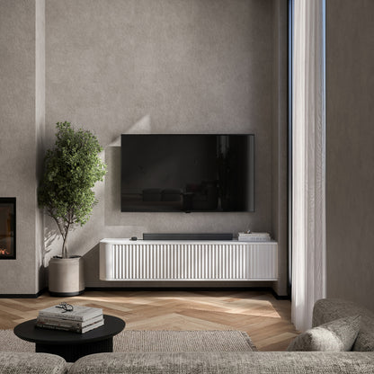 Aurora Rounded Corner Wall Mounted Flutted TV Unit 140cm Glamour Style - White