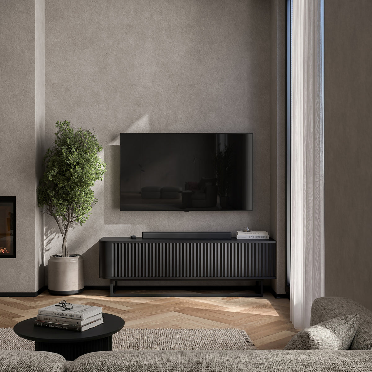 Aurora Rounded Corner Fluted TV Unit 140cm Glamour Style with Frame Stand - Black / Black