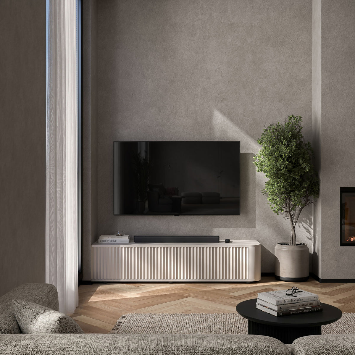 Aurora Rounded Corner Fluted TV Unit 140cm Glamour Style with Floor Pads - Cashmere