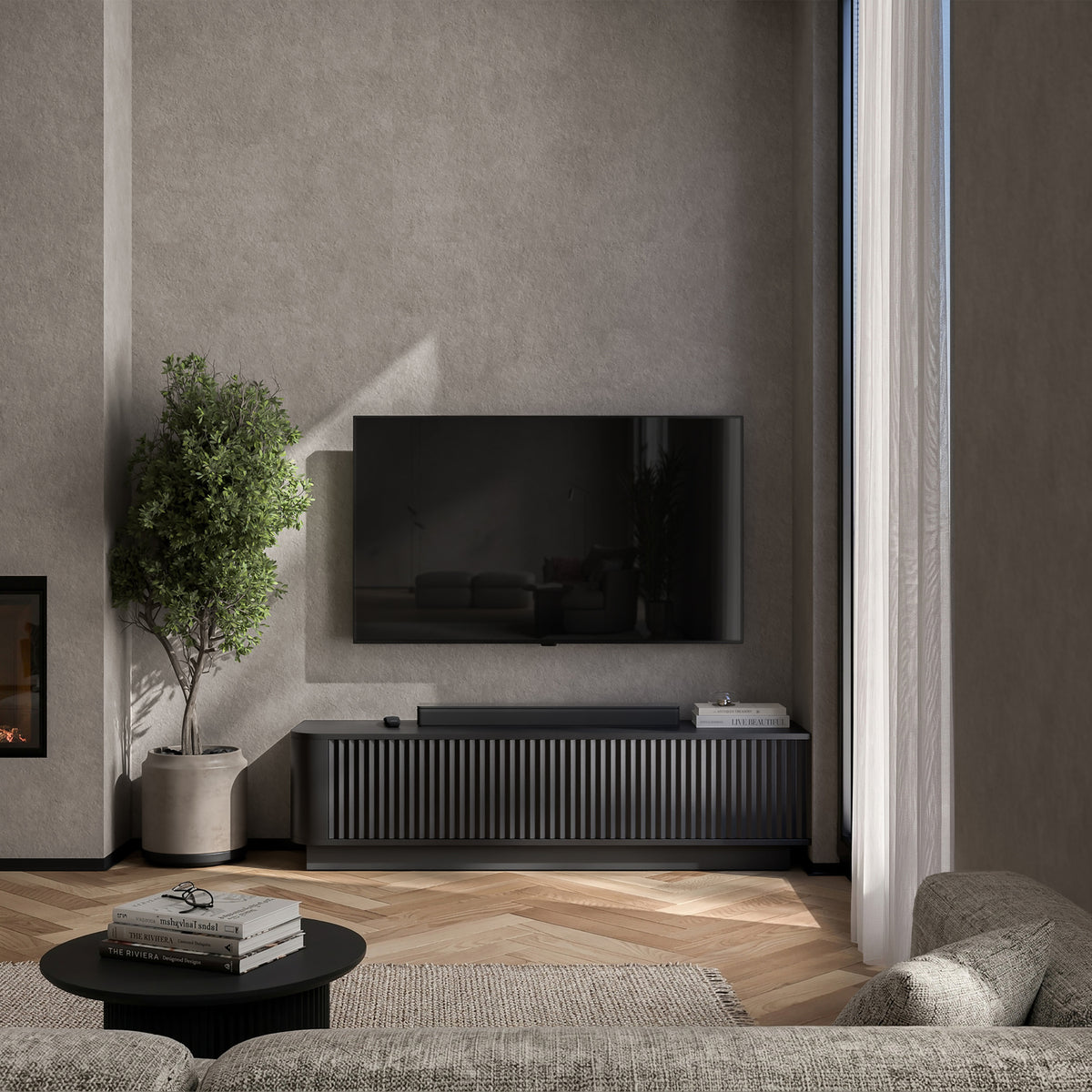 Aurora Rounded Corner Flutted TV Unit 140cm Glamour Style with Plinth Stand - Black