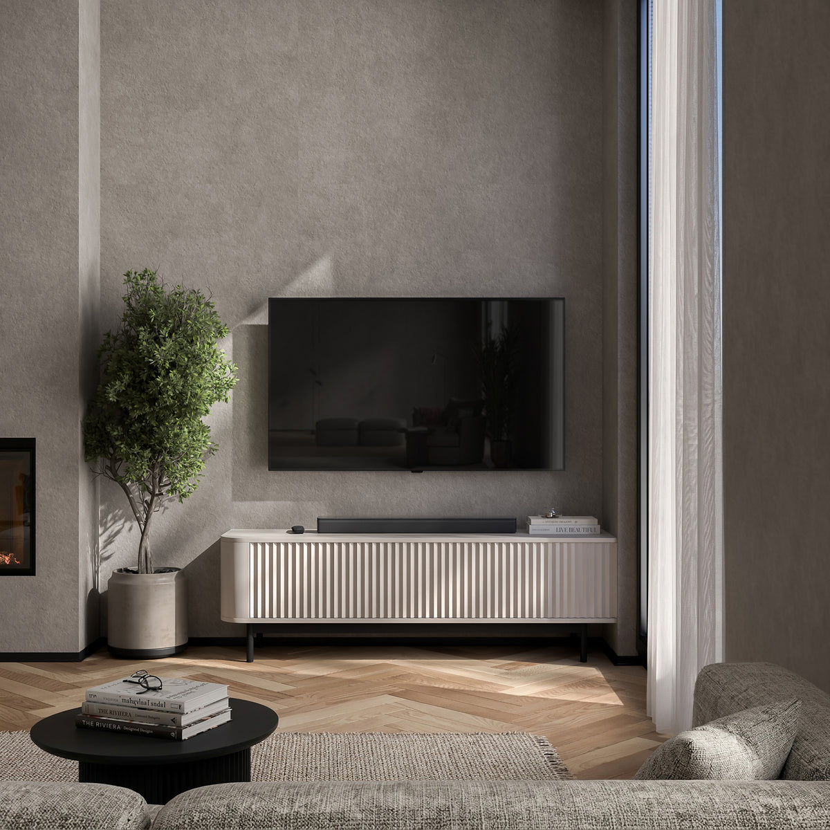 Aurora Rounded Corner Fluted TV Unit 140cm Glamour Style with Frame Legs - Cashmere / Black