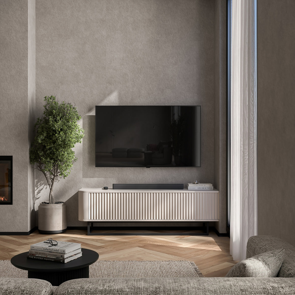 Aurora Rounded Corner Fluted TV Unit 140cm Glamour Style with Frame Stand - Cashmere / Black