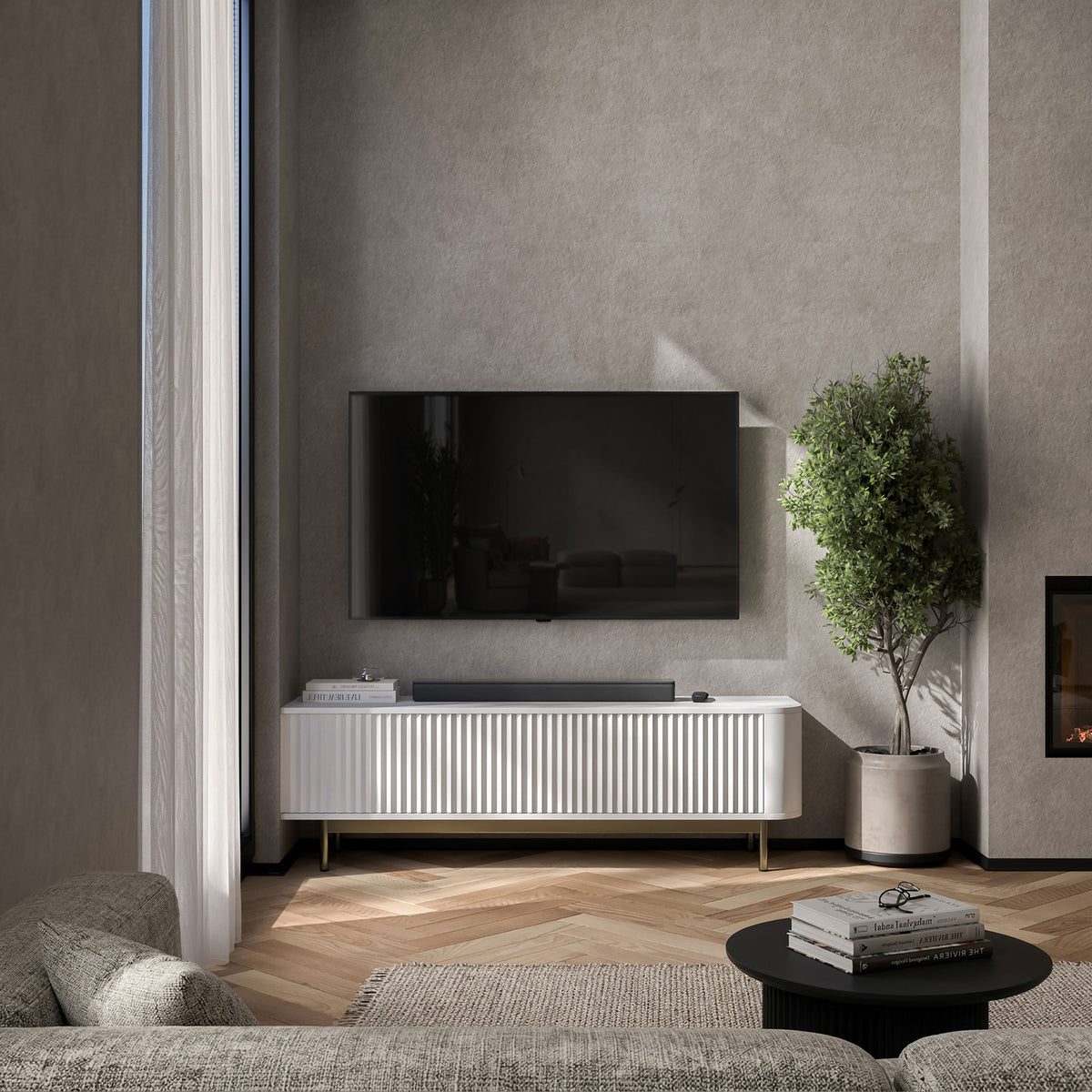 Aurora Rounded Corner Flutted TV Unit 140cm Glamour Style with Frame Legs - White / Gold