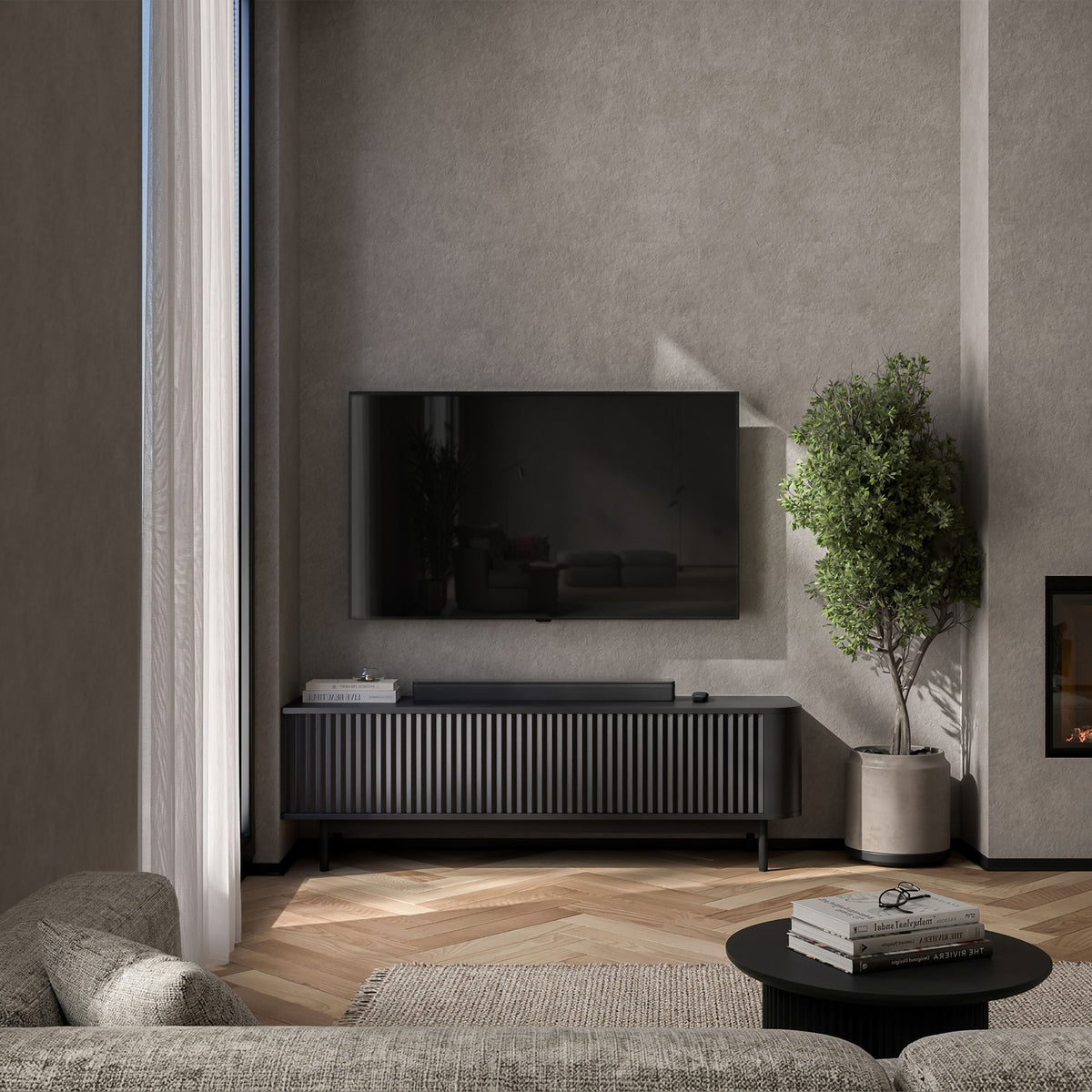 Aurora Rounded Corner Fluted TV Unit 140cm Glamour Style with Frame Legs - Black / Black