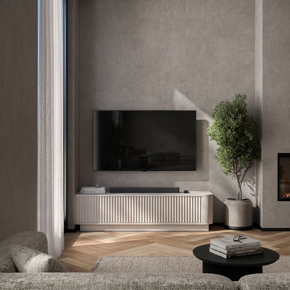 Aurora Rounded Corner Flutted TV Unit 140cm Glamour Style with Plinth Stand - Cashmere