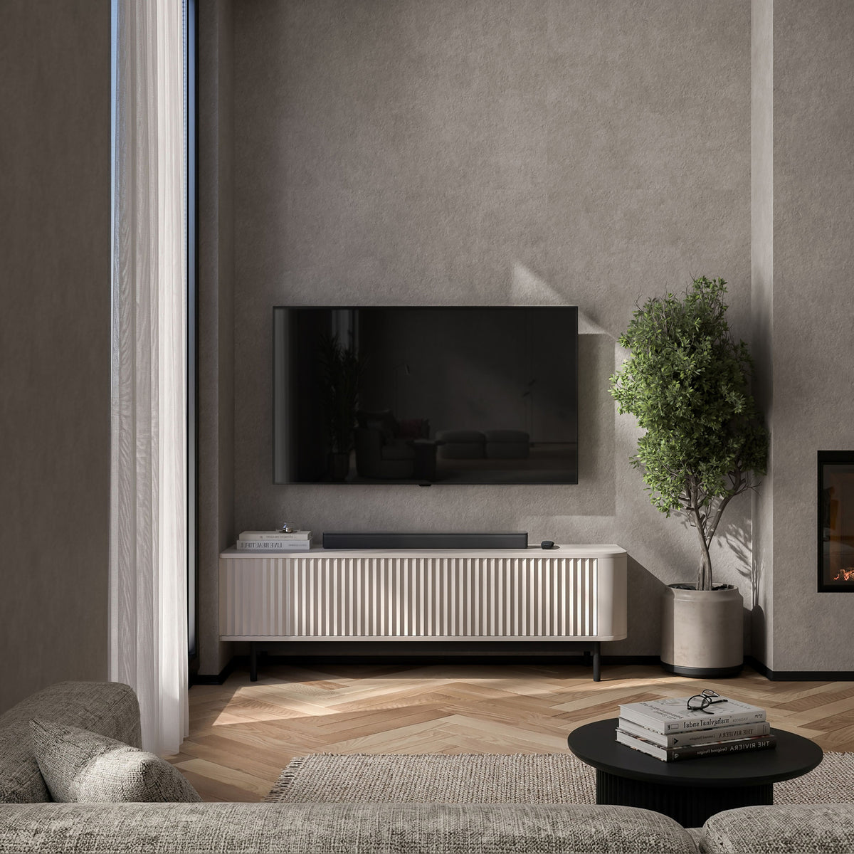 Aurora Rounded Corner Fluted TV Unit 140cm Glamour Style with Frame Legs - Cashmere / Black