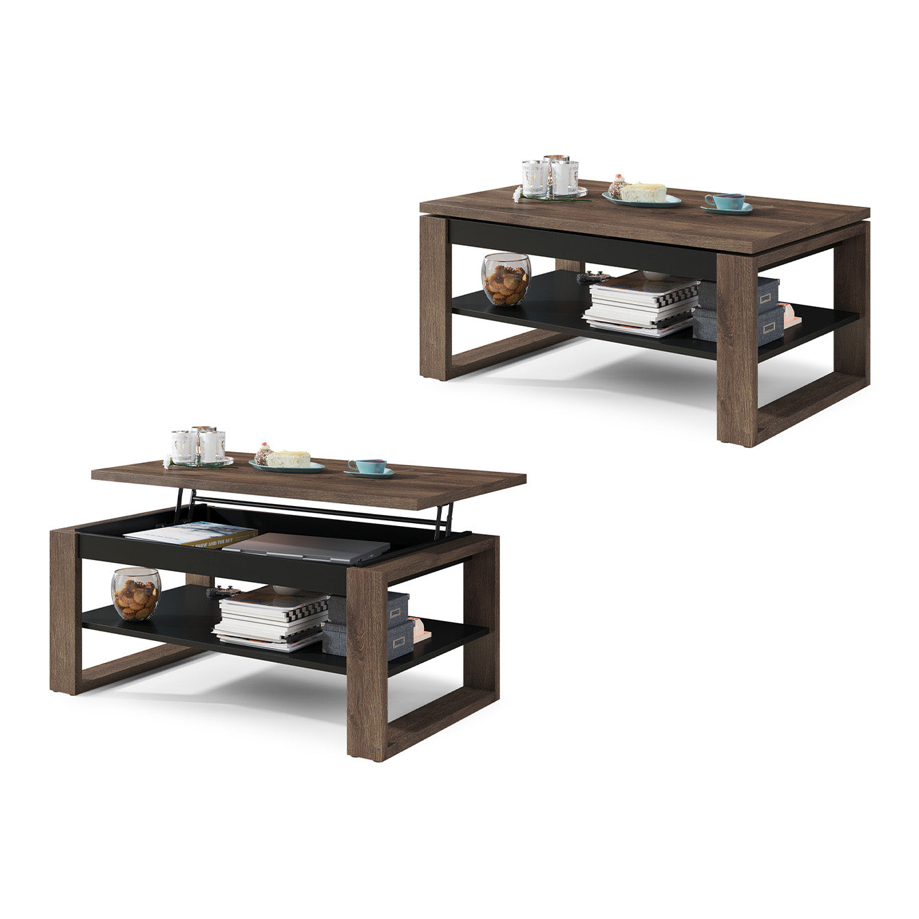 NUO Lift Top Coffee Table Contemporary Style - Brown Oak / Black Matt