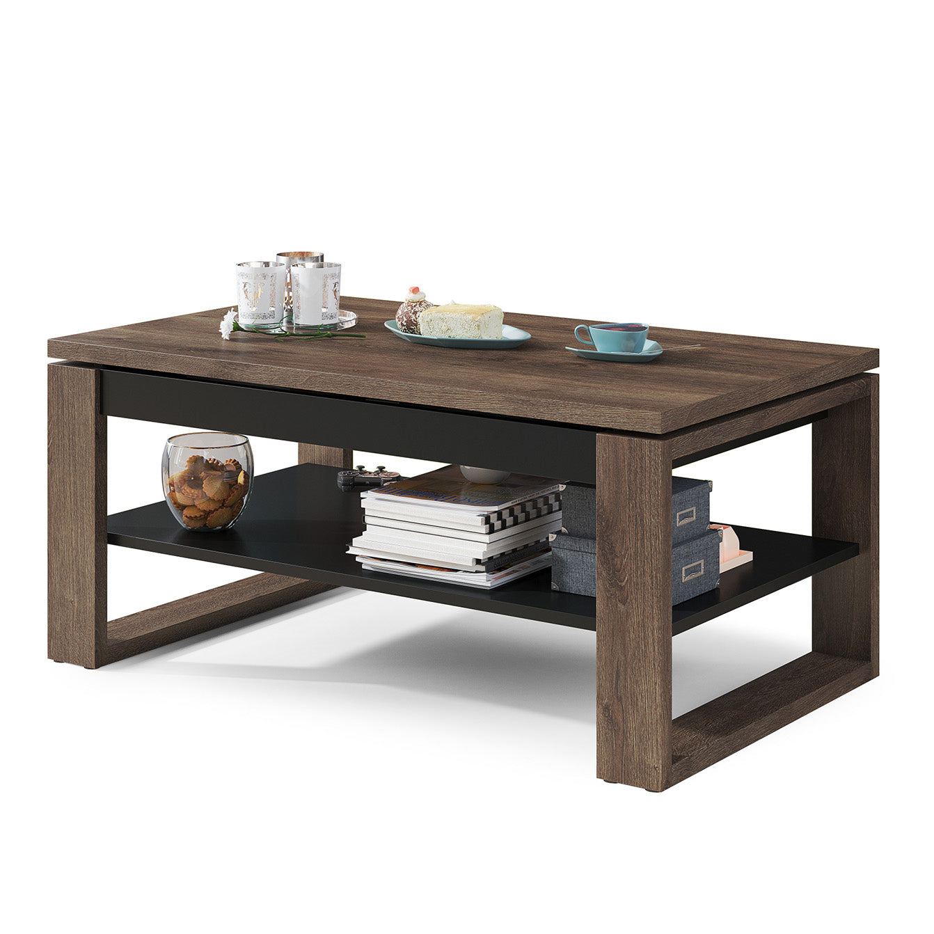 NUO Lift Top Coffee Table Contemporary Style - Brown Oak / Black Matt