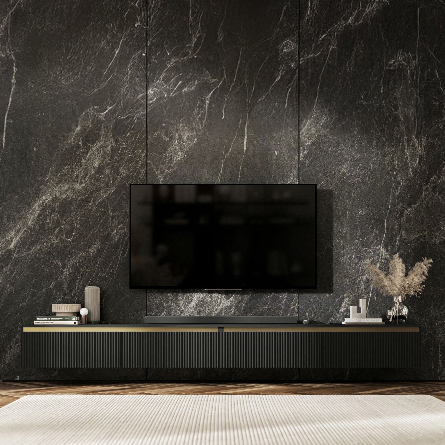 Selene Modern Ribbed-Texture Wide Wall-Mounted TV Unit with Storage - Black