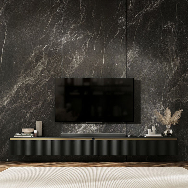Selene Modern Ribbed-Texture Wide Wall-Mounted TV Unit with Storage - Black