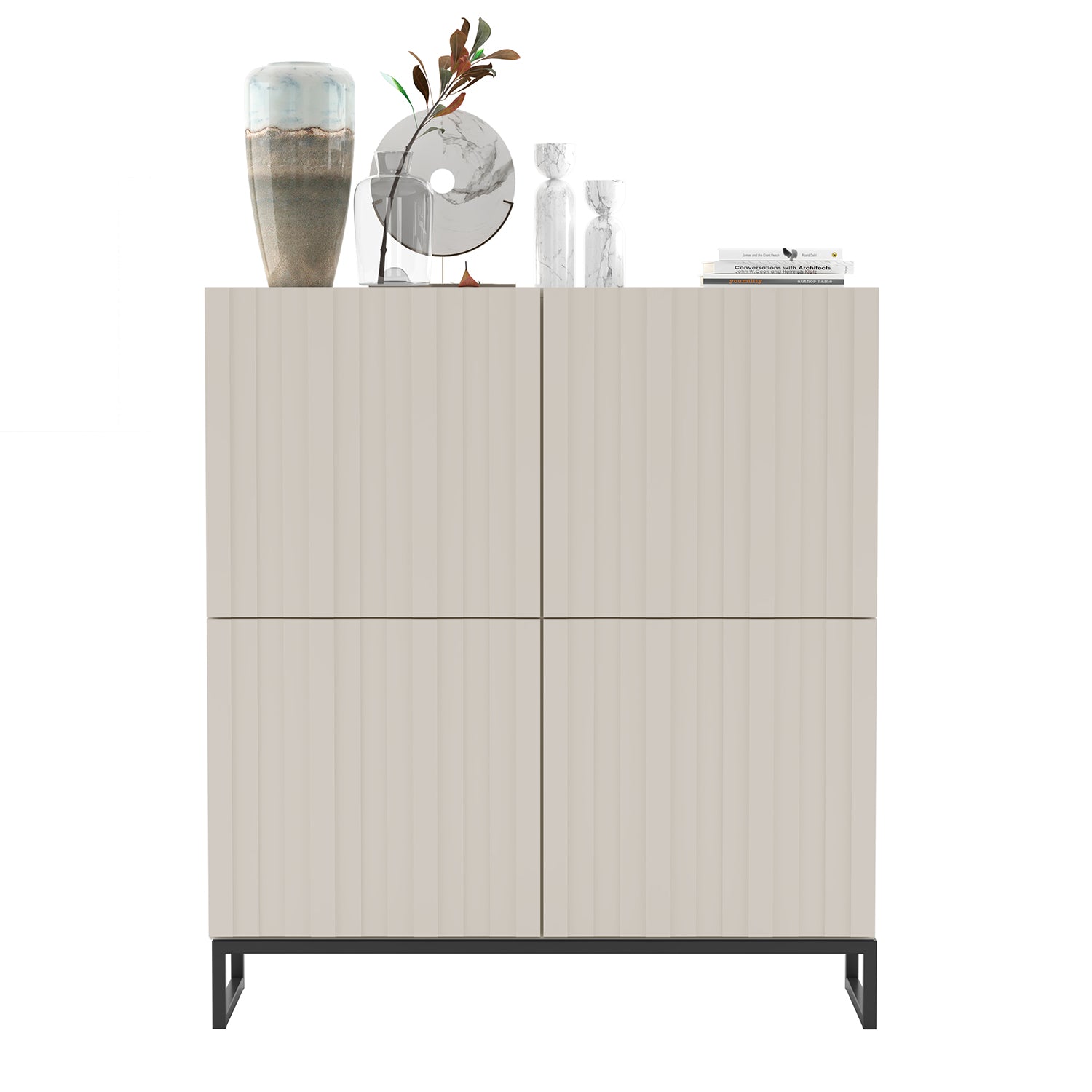 Elpis Glamour 4 Door Sideboard Push-to-Open Cabinet - Cashmere Matt / Black Frame