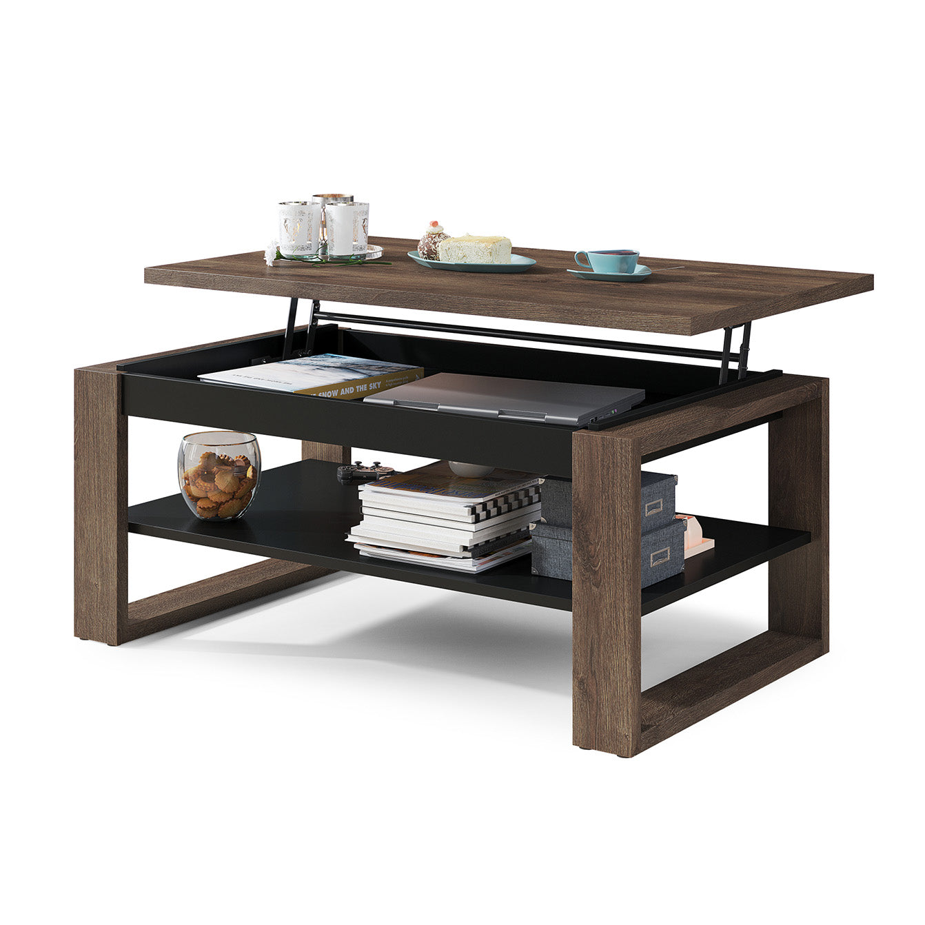 NUO Lift Top Coffee Table Contemporary Style - Brown Oak / Black Matt