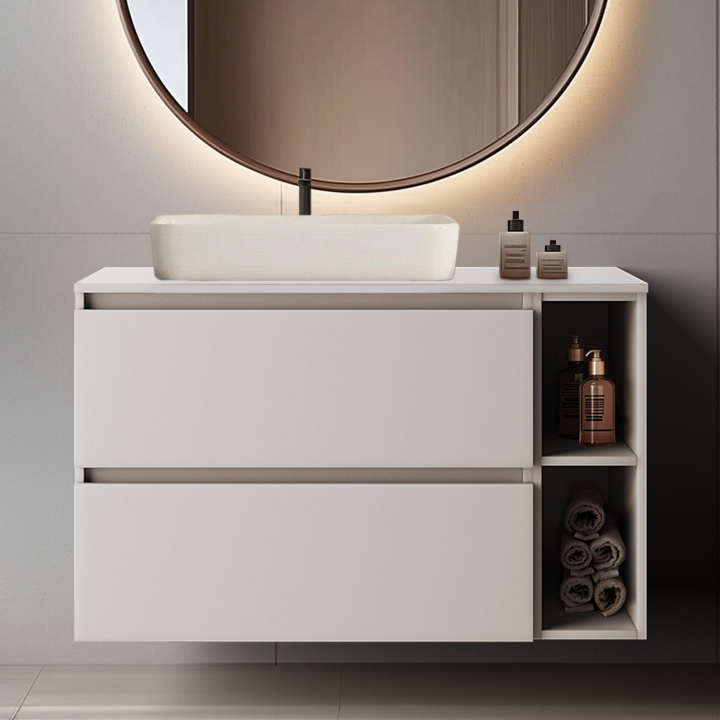 Simple Minimalist Bathroom Vanity Cabinet 100cm with Worktop Basin - Cashmere