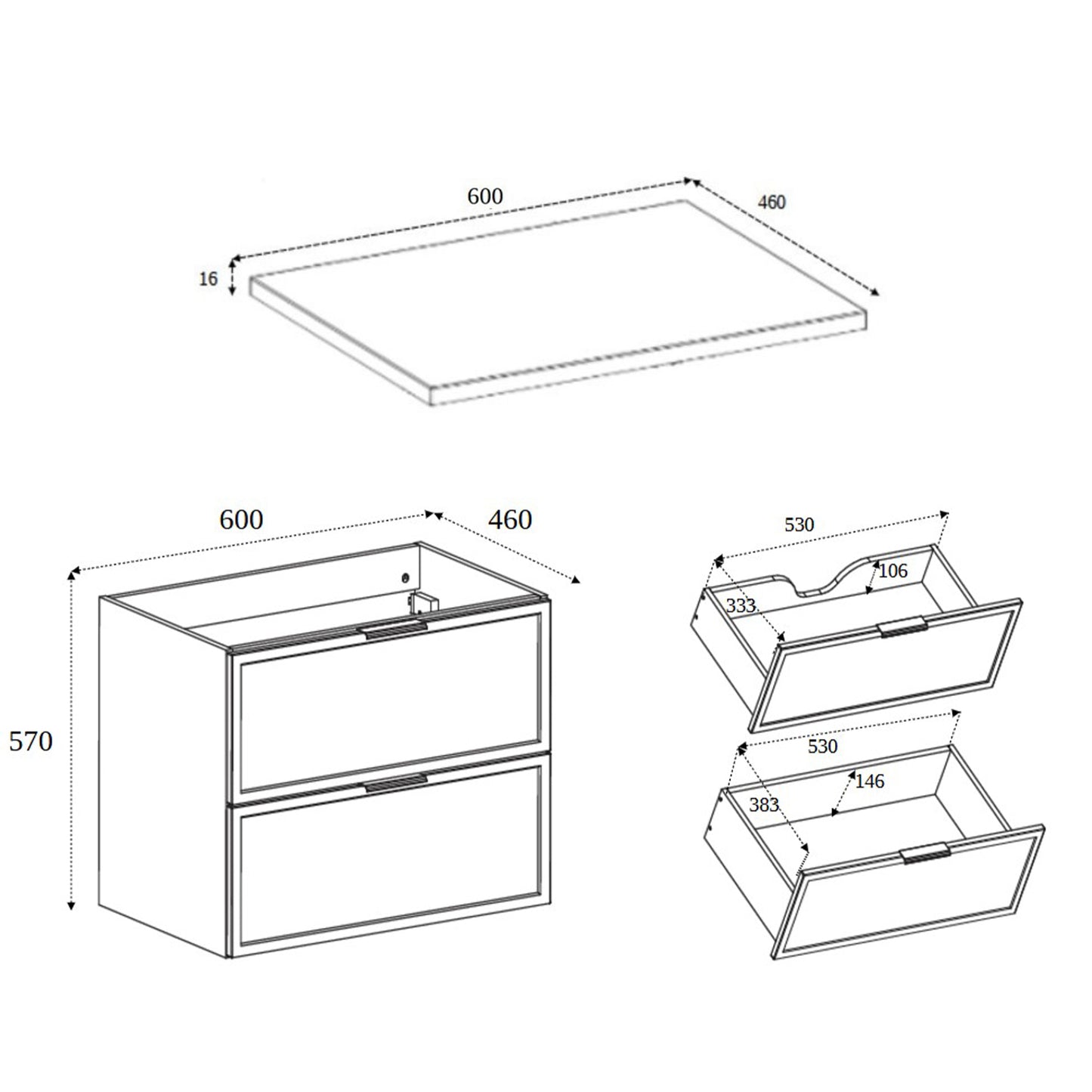 Simple Modern 2 Drawer Bathroom Cabinet Vanity Unit 60cm with Worktop - Cashmere