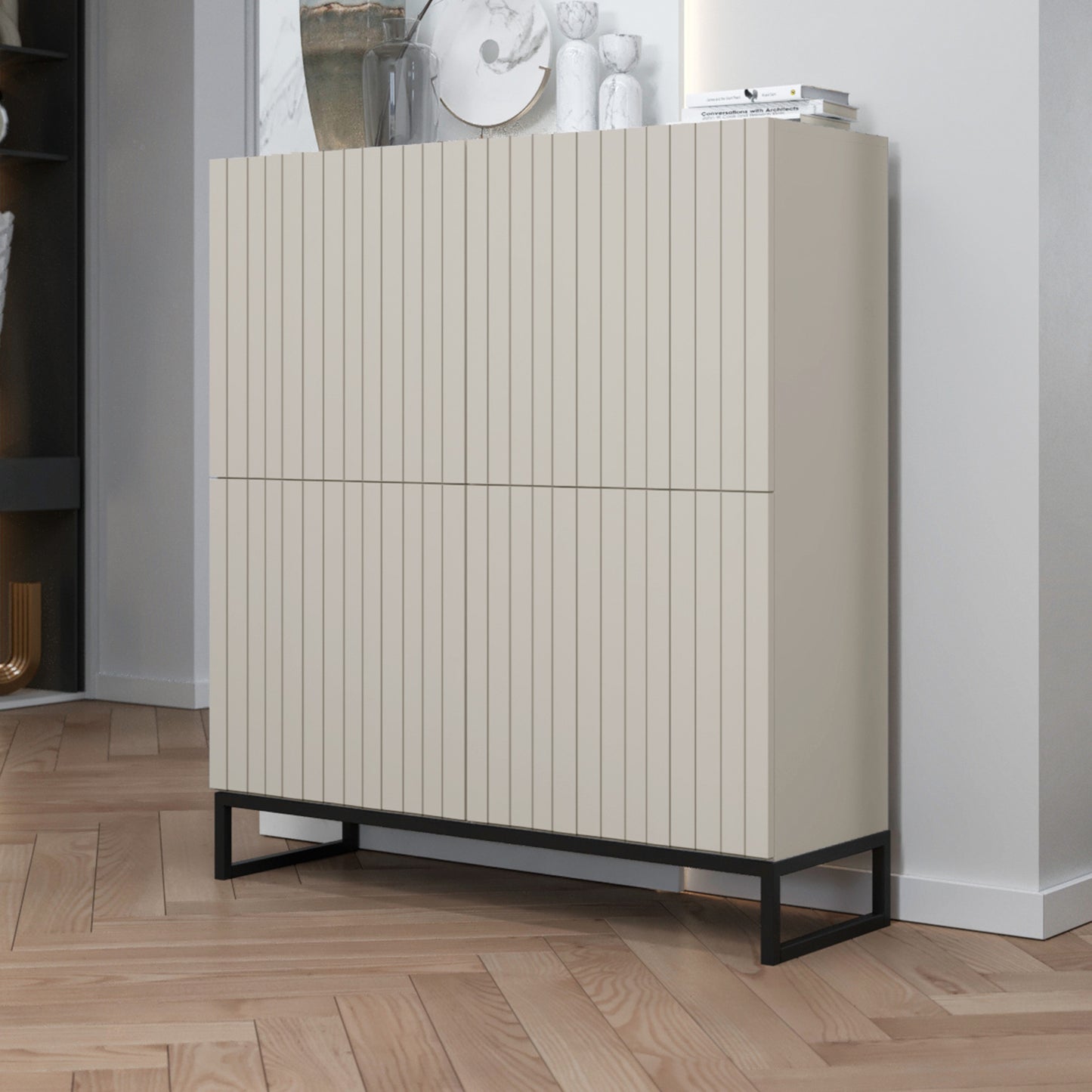 Elpis Glamour 4 Door Sideboard Push-to-Open Cabinet - Cashmere Matt / Black Frame