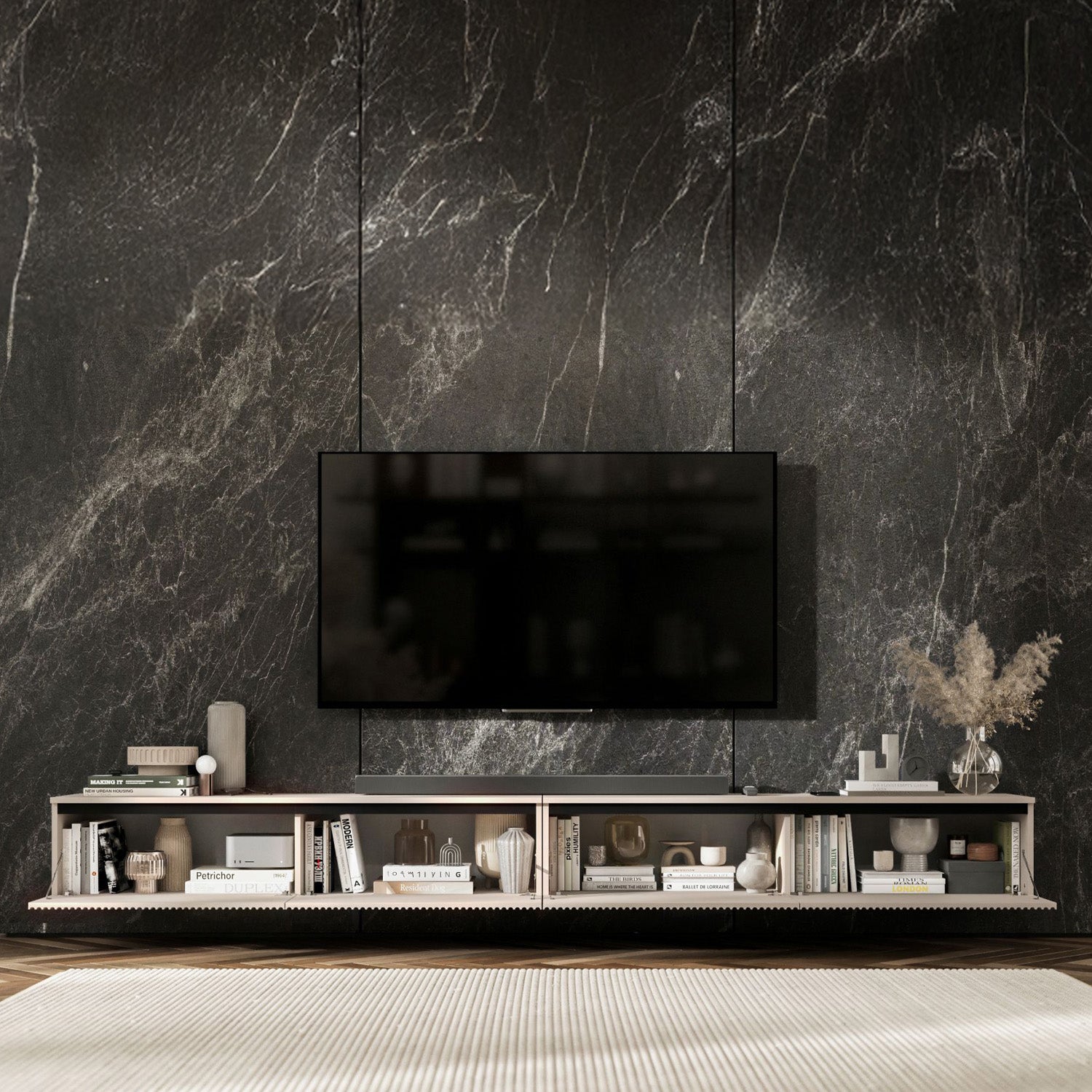 Selene Modern Ribbed-Texture Wide Wall-Mounted TV Unit with Storage - Cashmere