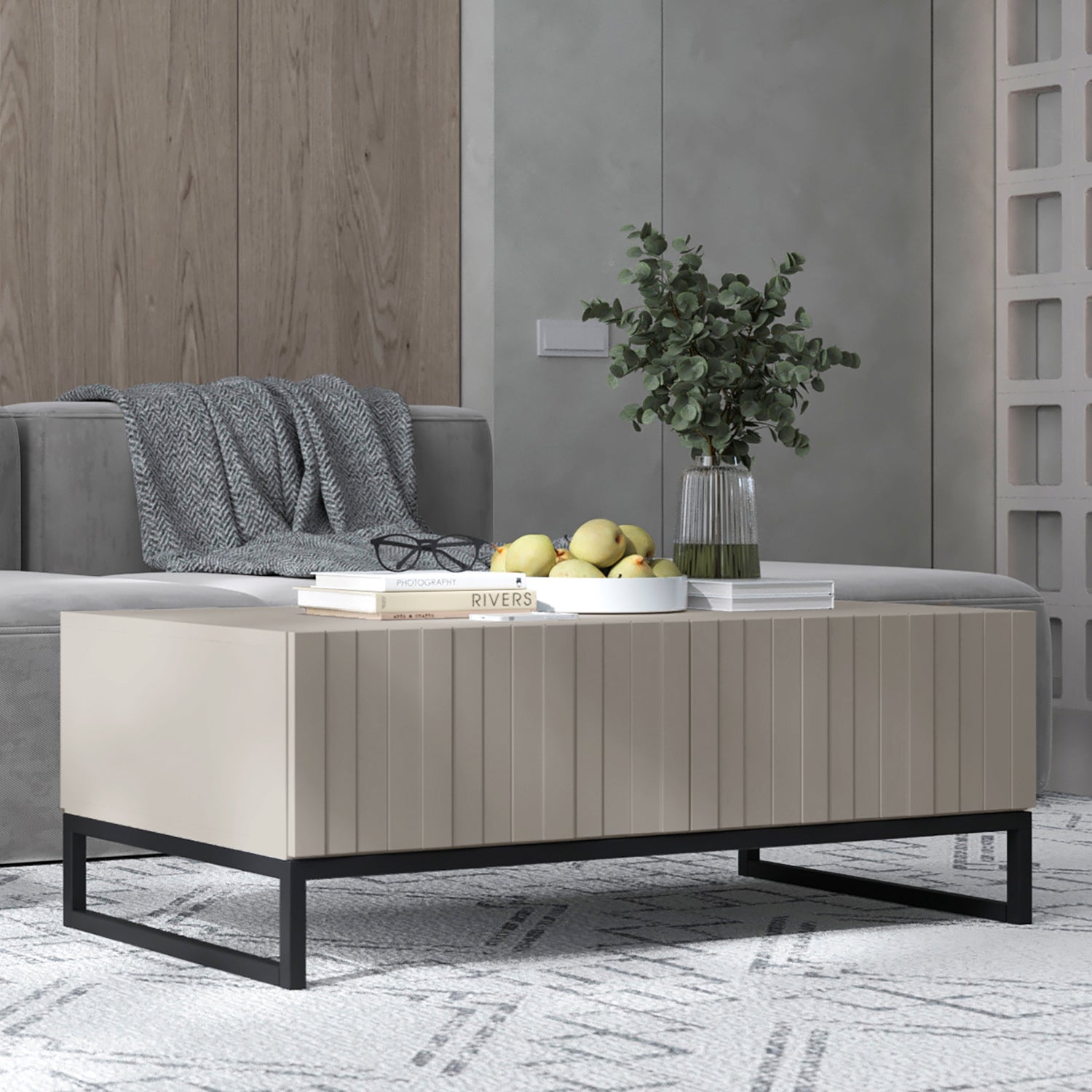 Elpis Glamour Coffee Table with Storage 110 cm - Cashmere Matt / Black Frame