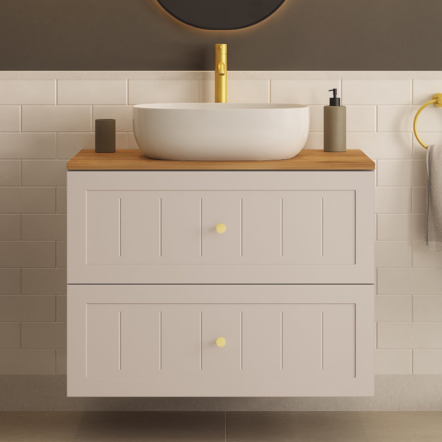 Gusto Scandi Style 2 Drawer Wall Cabinet Vanity Unit with Worktop 80cm - Cashmere