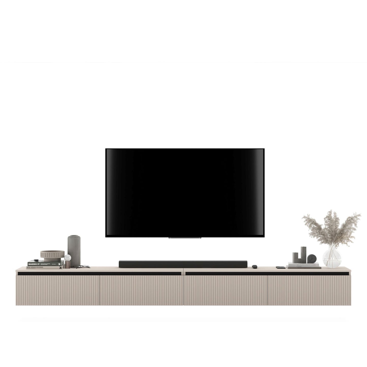 Selene Modern Ribbed-Texture Wide Wall-Mounted TV Unit with Storage - Cashmere