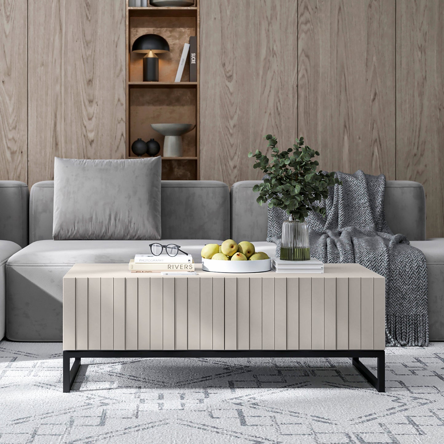 Elpis Glamour Coffee Table with Storage 110 cm - Cashmere Matt / Black Frame