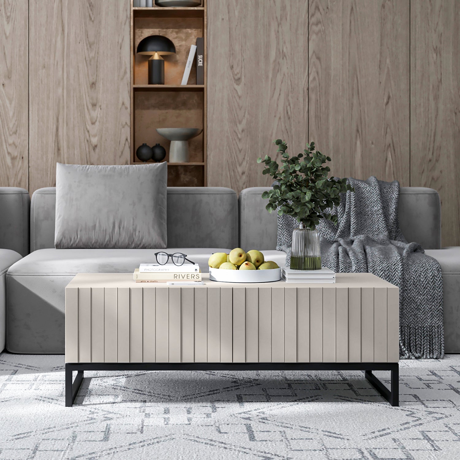 Elpis Glamour Coffee Table with Storage 110 cm - Cashmere Matt / Black Frame