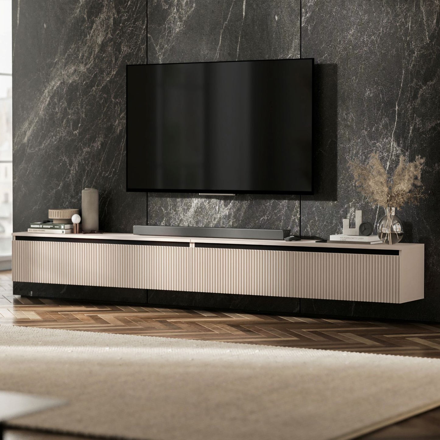 Selene Modern Ribbed-Texture Wide Wall-Mounted TV Unit with Storage - Cashmere