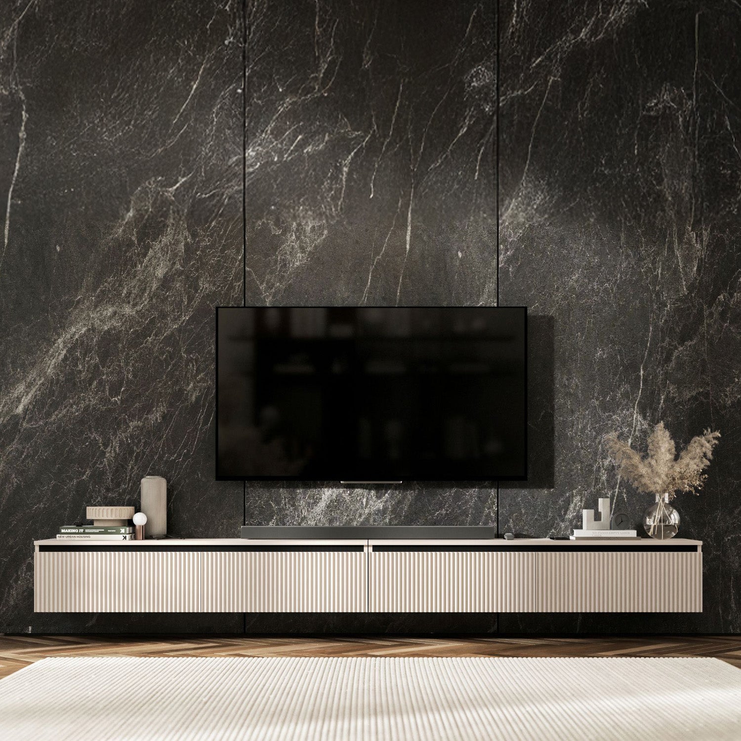 Selene Modern Ribbed-Texture Wide Wall-Mounted TV Unit with Storage - Cashmere